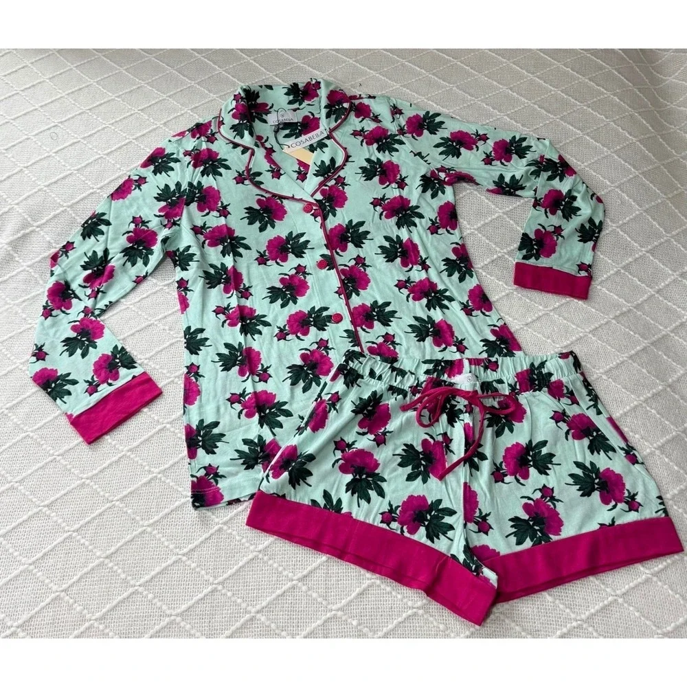 Cosabella Bella Floral Pajama Set Lagoon Mint‎ & Fuchsia Luxury Sleepwear